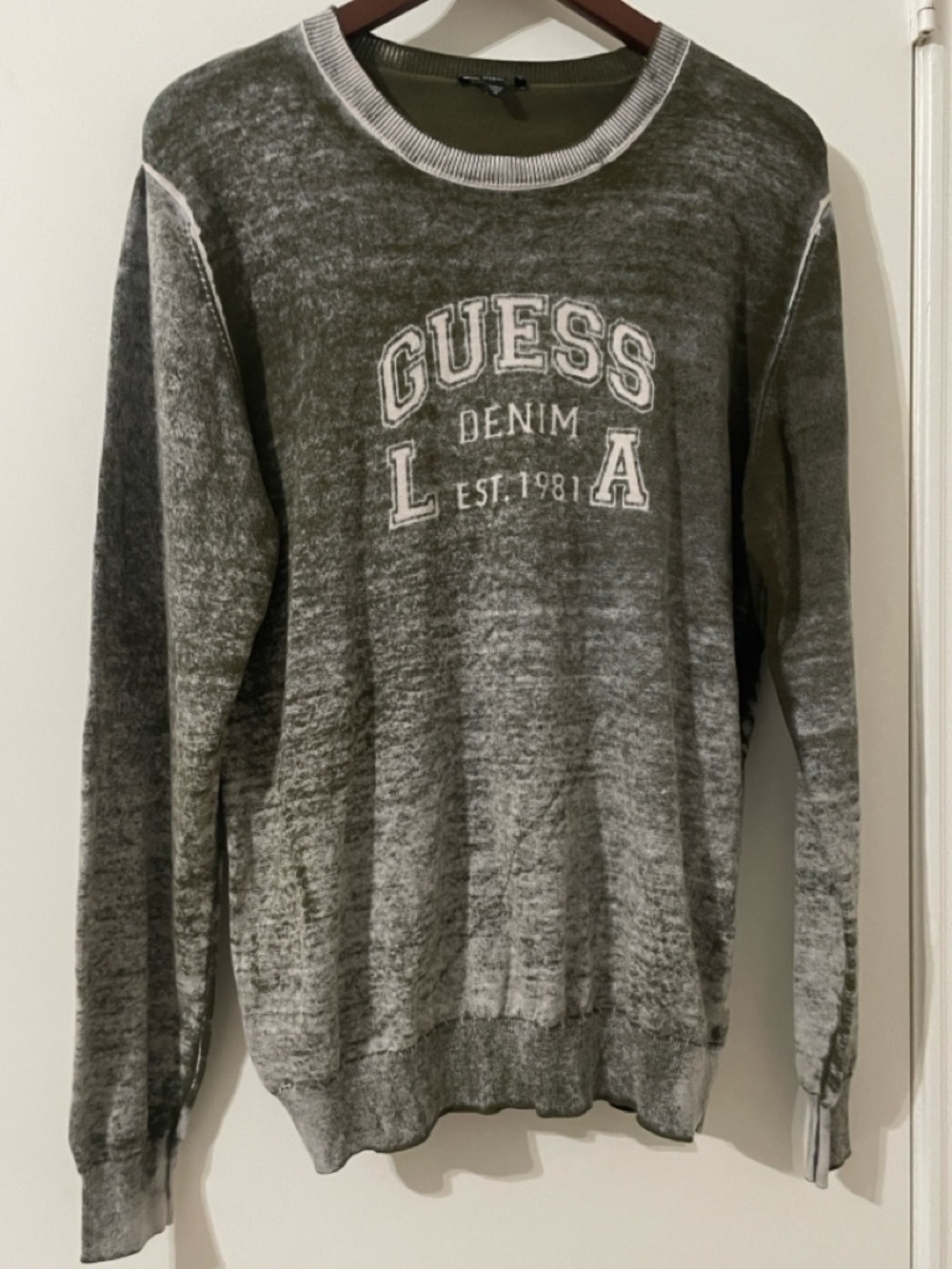 Vintage Style GUESS Denim L.A. Sweater - Acid Wash Olive Green XL